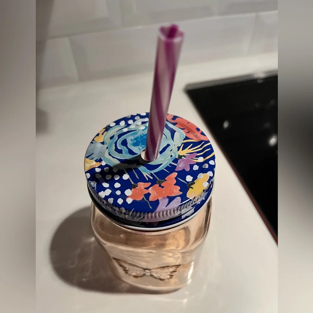 Pioneer Woman Rosewater Glass Mason Jar & Straw